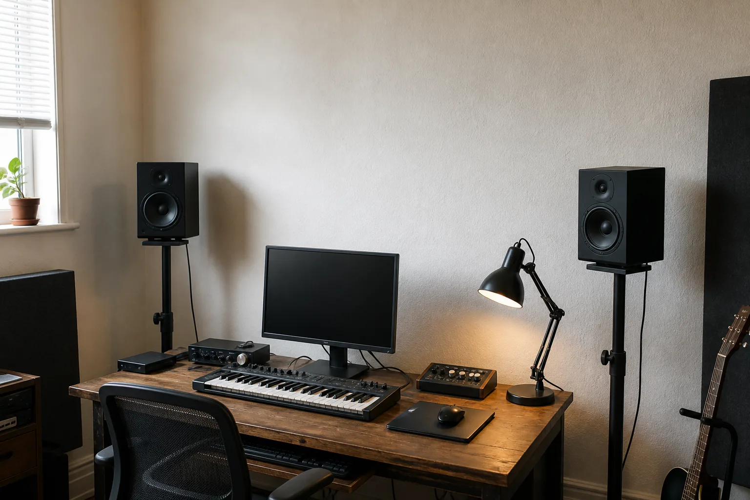 A pair of compact studio monitors positioned near the wall in a modest home mixing room