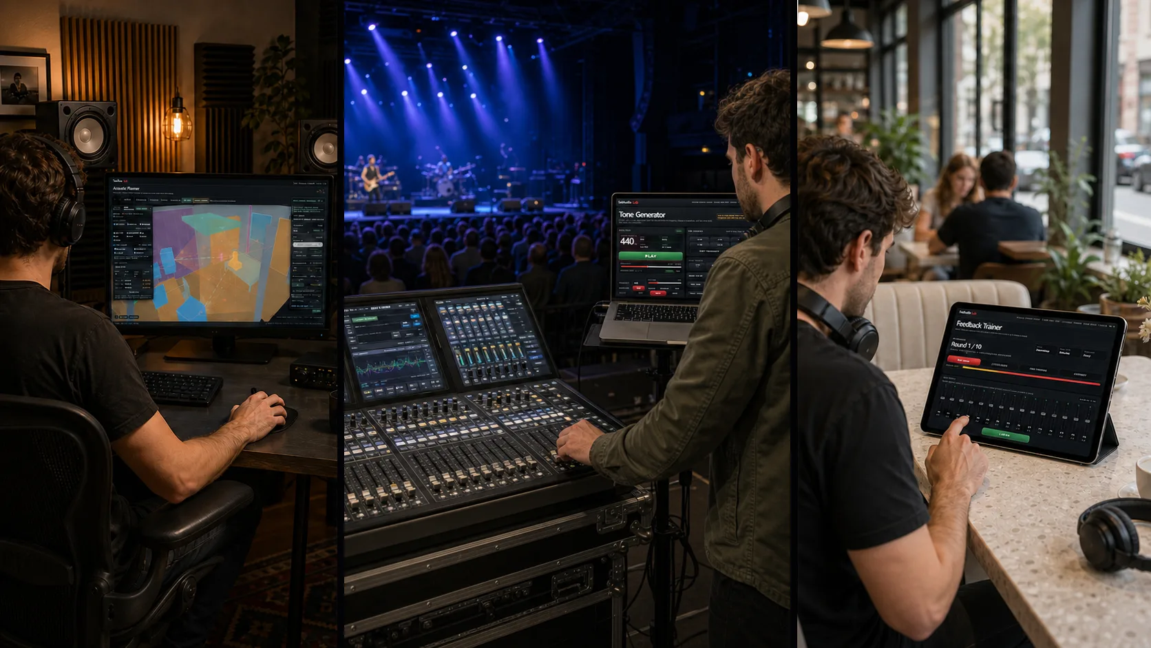 A SolAudioLab user continues audio work in a home studio, at a live venue control position, and in a cafe.